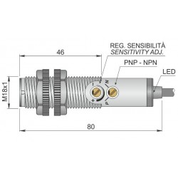 FT18SP-CP50 photosensor, 10-30DC, diffuse, axial, 0...500mm, PNP/NPN, NO/NC, 2m cable